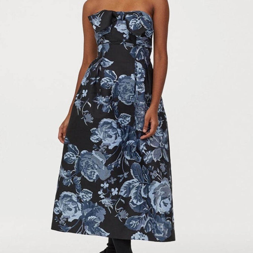 H&M Blue Floral Strapless Bow Midi Dress | Wedding Guest Dress